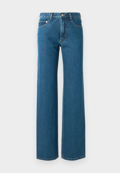 Široke kavbojke iz srednje modrega denima, z visokim pasom, petimi žepi in kontrastnim šivanjem na šivih. Teksturirana tkanina.