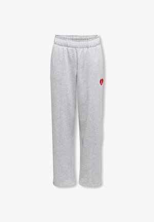 Lysegrå joggebukser med elastisk midje og lite rødt hjerte på øvre venstre lår.