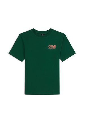 Grünes Baumwoll-T-Shirt mit kurzen Ärmeln, mit einem kleinen orangefarbenen "O'Neill"-Logo im linken Brustbereich. Klassisches Rundhalsausschnitt-Design.