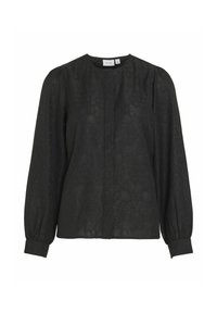 Blusa nera a maniche lunghe con un sottile motivo a occhiello floreale, scollatura rotonda, polsini arricciati e spalle leggermente a sbuffo.