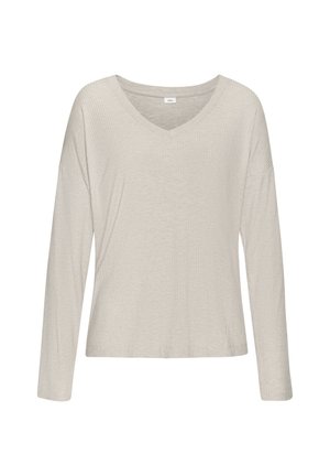 Light beige ribbed long-sleeve top with a V-neck and relaxed fit, displayed on a white background.