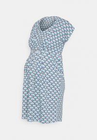 Vestido azul com padrão apresentando um design em forma de diamante, mangas curtas e uma silhueta ajustada, feito de um tecido com textura suave.