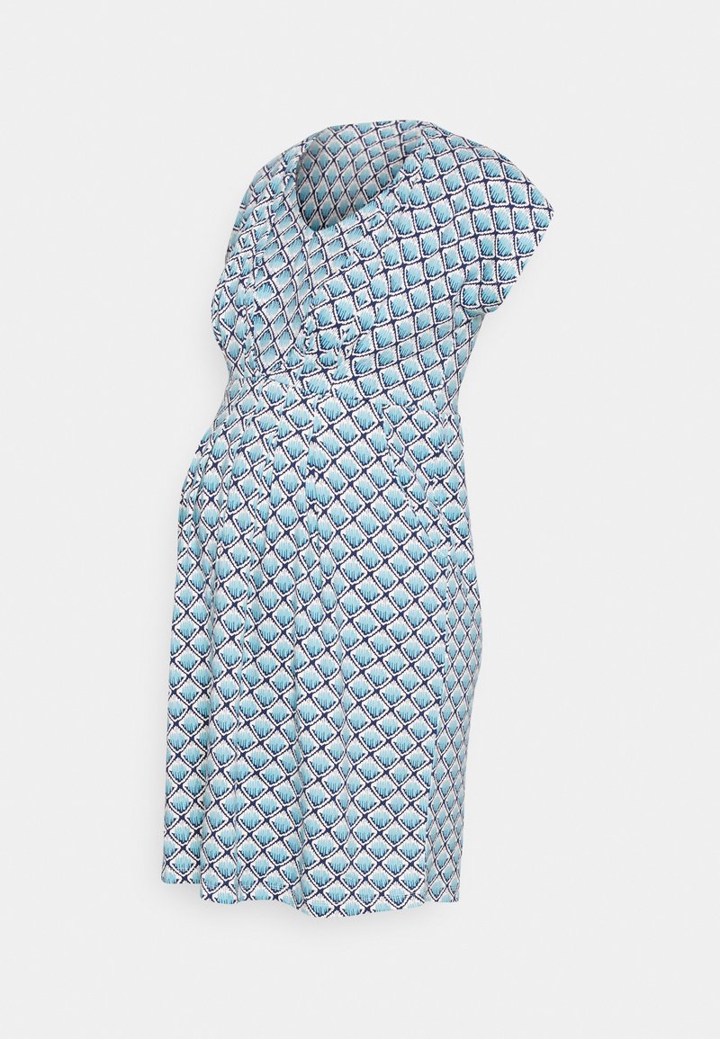 Vestido azul com padrão apresentando um design em forma de diamante, mangas curtas e uma silhueta ajustada, feito de um tecido com textura suave.