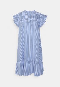 Robe bleu clair avec des rayures blanches verticales. Dotée de manches courtes à volants, d'un buste froncé et d'un ourlet évasé à volants. Fabriquée en tissu doux.