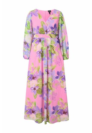 Roze bloemen wikkeljurk met lange mouwen, met grote paarse en groene bloesems, een V-hals en een subtiele geplooide rok.