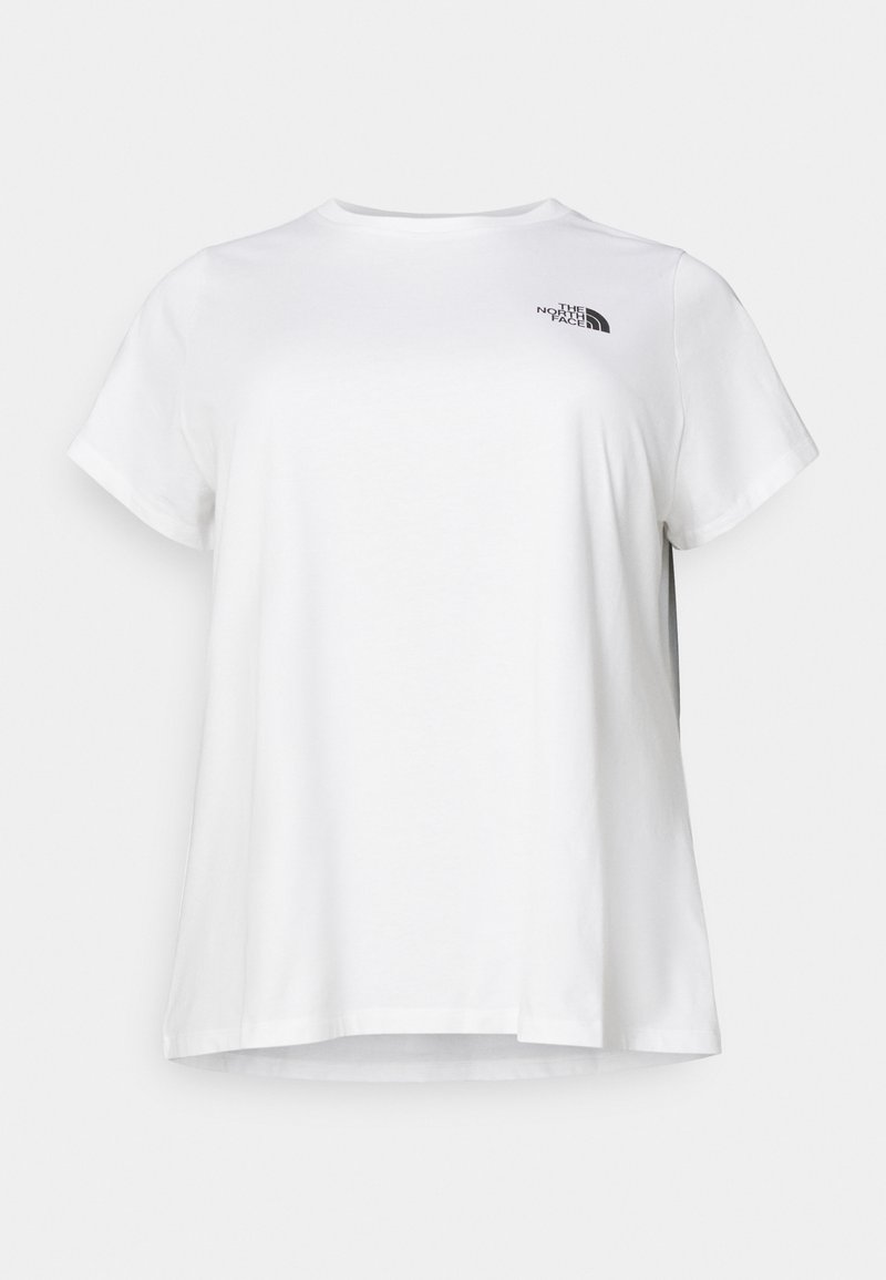 Hvid kortærmet t-shirt lavet af bomuld. Har en rund udskæring og et lille sort logo på den øverste venstre side. Løs pasform, glat tekstur.