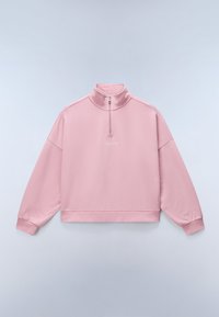 Ροζ ανοιχτό ροζ μακρυμάνικο πουλόβερ με γιακά με φερμουάρ στο τέταρτο και λευκό λογότυπο "NAPAPIJRI" στο κέντρο του στήθους.