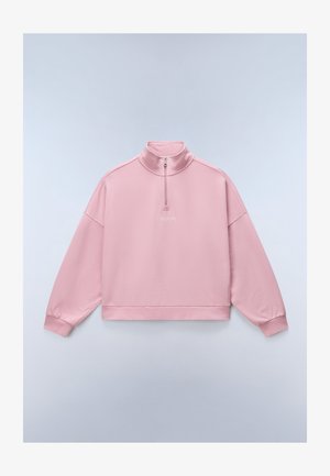 Világos rózsaszín hosszú ujjú pulóver negyedzipzáras gallérral és középen, a mellkason fehér "NAPAPIJRI" logóval.