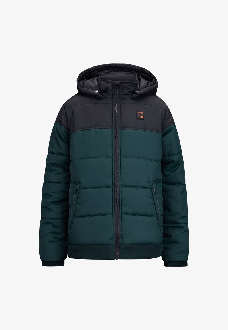 Grüne und schwarze gepolsterte Jacke mit Kapuze, versehen mit einem Frontreißverschluss, Reißverschlusstaschen und strukturiertem Nähen in gestepptem Muster.
