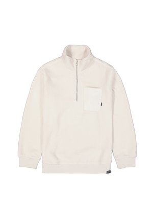 Witte fleece half-zip pullover met een borstzak. Voorzien van een hoge kraag en geribbelde manchetten. Zachte textuur en relaxte pasvorm.