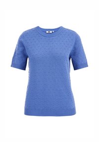 Blå kortärmad tröja i strukturerad stickad tyg med prickmönster. Har en rund halsringning och ribbade ärmslut och fåll.