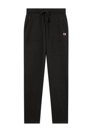 Schwarze Sweatpants mit Kordelzug, vorderen Reißverschlusstaschen und aufgesetzten Taschen, zulaufenden Beinen und kleinem Champion-Logo am oberen Oberschenkel.