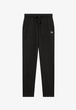 Schwarze Sweatpants mit Kordelzug, vorderen Reißverschlusstaschen und aufgesetzten Taschen, zulaufenden Beinen und kleinem Champion-Logo am oberen Oberschenkel.