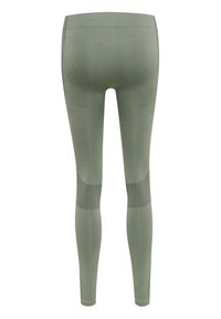 Leggings vert olive en matière élastique, dotés de panneaux texturés et d'une taille haute, avec un design sans coutures pour un confort supplémentaire.