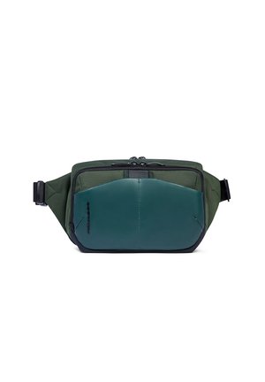 Grüne und dunkeltealfarbene Gürteltasche mit zwei Reißverschlussfächern und verstellbarem schwarzen Riemen, dargestellt vor weißem Hintergrund.