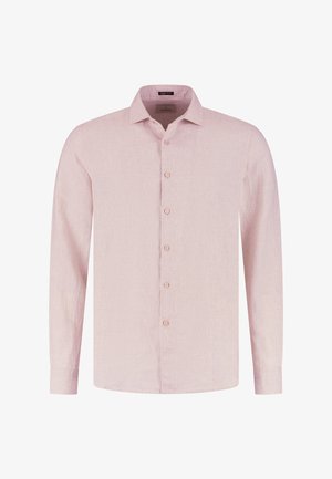 Lichtroze overhemd met lange mouwen, knopen en een klassieke kraag, gemaakt van een gestructureerde stof, afgebeeld tegen een witte achtergrond.
