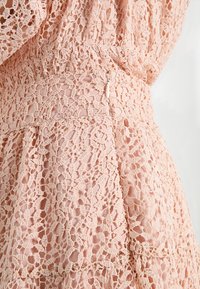 Spetsklänning i mjuk rosa med intrikata mönster, en åtsittande midja och en diskret dragkedjestängning med en liten dekorativ detalj.