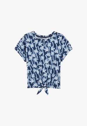 Chemise à manches courtes, bleu marine, ornée de motifs de palmiers et de fleurs blancs, avec un détail noué à l'avant et un col rond.