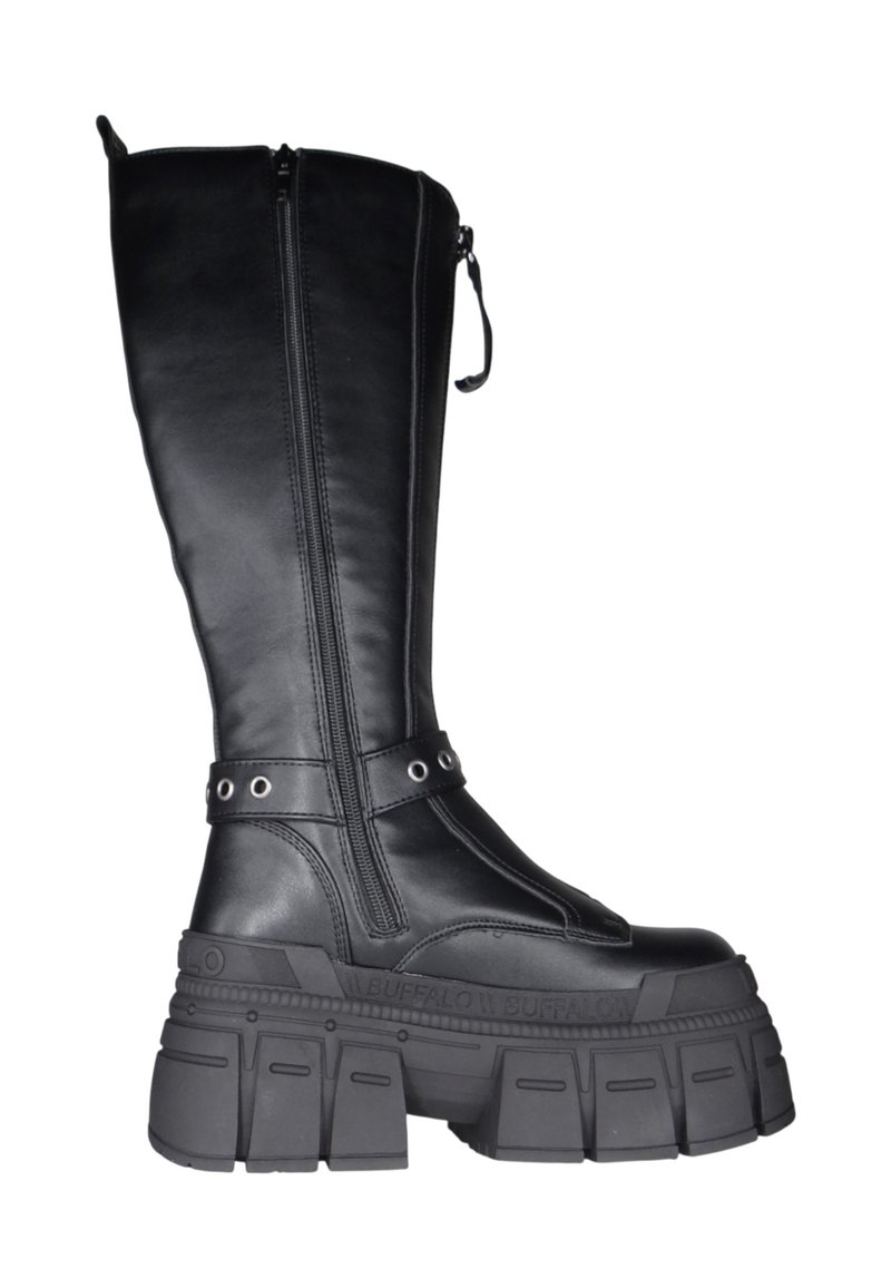 Zapatos Plataforma Buffalo London - Botines Altos De Cuero Negros, Plataforma 6cm, Para Mujer/hombre