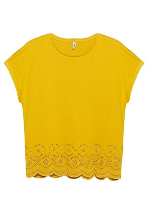Blusa amarilla de manga corta con cuello redondo y detalle festoneado bordado con ojales en el dobladillo.