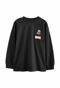 Black long-sleeve sweatshirt with small cartoon Groot graphic and red Marvel logo on left chest.