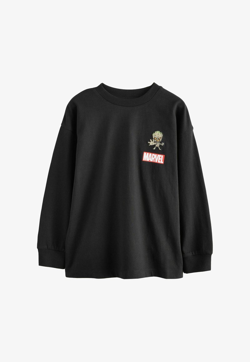 Musta pitkähihainen collegepaita, jossa on pieni sarjakuvahahmo Groot -grafiikka ja punainen Marvel-logot vasemmalla rinnalla.
