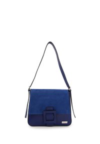 Navyblaue Handtasche aus Wildleder und strukturiertem Leder, mit abnehmbarem Schulterriemen und auffälligem rechteckigem Schnallen-Detail.