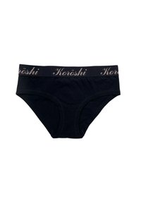 Črne bombažne spodnje hlače z temnim pasom, na katerem je v svetlo roza črkah napisan "Koröshi". Gladka tekstura in prilegajoč dizajn. Brez vzorcev ali dodatkov.