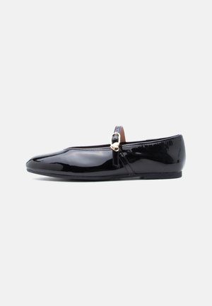 Black patent leather ballet flat with a pointed toe and a single strap across the instep featuring a gold-tone buckle detail.