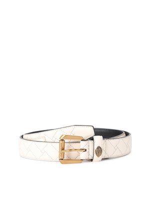 White leather belt with stitched diamond pattern, gold rectangular buckle engraved with brand name, and a small gold decorative emblem on the belt loop.