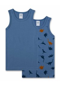 Canotte di cotone blu con un lato a tinta unita e l'altro con un motivo di dinosauri in blu scuro e arancione. Etichetta sul collo.