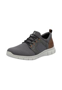 Gray mesh sneaker with a textured surface, dark gray leather accents, light gray sole, and contrasting orange eyelets for laces.