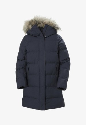 Chaqueta de plumas azul marino con capucha de piel sintética desmontable, que presenta secciones acolchadas y un cierre frontal, creando un diseño cálido y aislante.