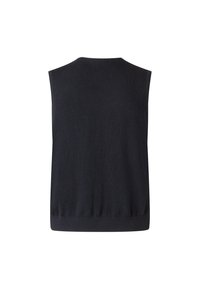 Top senza maniche in maglia blu navy scuro con texture a coste, leggermente elasticizzato e con orlo dritto. La vista posteriore mostra linee pulite senza decorazioni.