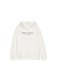 Felpa leggera color crema in misto cotone, con tasca a marsupio frontale e cappuccio con cordino, con la scritta "Marc O’Polo EST. IN STOCKHOLM" stampata in grigio.