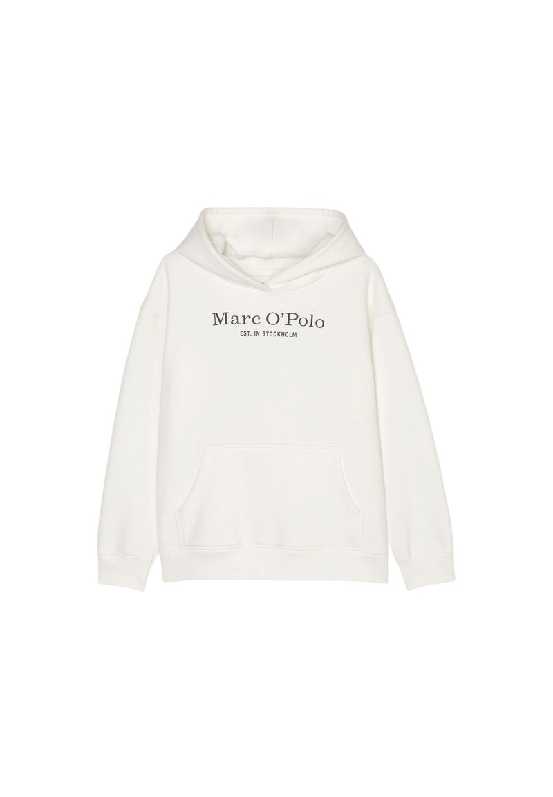 Felpa leggera color crema in misto cotone, con tasca a marsupio frontale e cappuccio con cordino, con la scritta "Marc O’Polo EST. IN STOCKHOLM" stampata in grigio.
