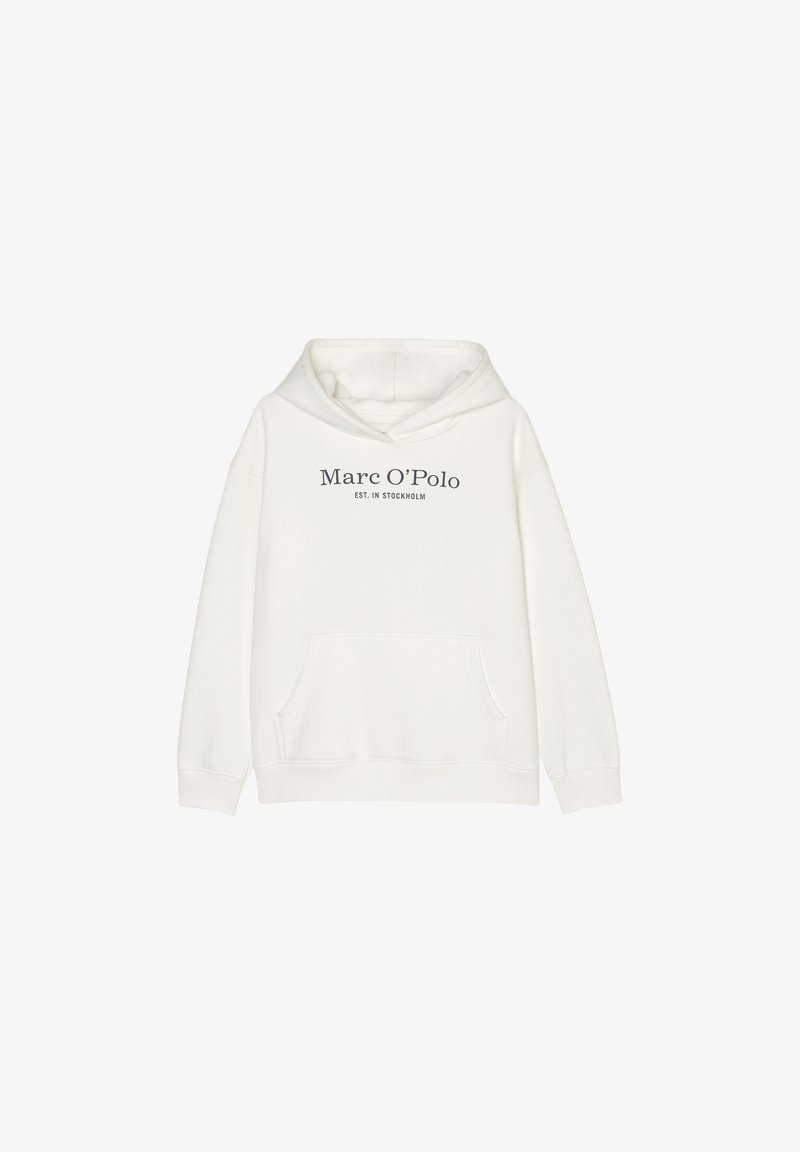 Hoodie crème clair en mélange de coton, avec une poche kangourou à l'avant et une capuche à cordon, portant l'inscription "Marc O’Polo EST. À STOCKHOLM" en gris.