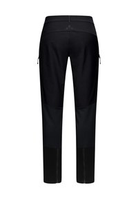 Zwarte buitenbroek met een strakke pasvorm, gemaakt van rekbaar materiaal. Voorzien van ritszakken en een contrasterend paneel op de onderbenen.