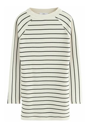 Top a maniche lunghe a coste di colore bianco sporco con strisce orizzontali nere. Presenta un collo a girocollo e maniche raglan per un fit rilassato.