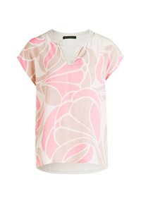 Lekkka bluzka z krótkim rękawem w kolorze kremowym z różowym wzorem kwiatowym, z dekoltem w kształcie litery V i luźnym krojem. Miękka tkanina o gładkiej fakturze.