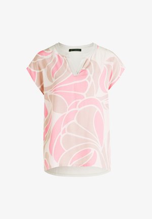 Lekkka bluzka z krótkim rękawem w kolorze kremowym z różowym wzorem kwiatowym, z dekoltem w kształcie litery V i luźnym krojem. Miękka tkanina o gładkiej fakturze.