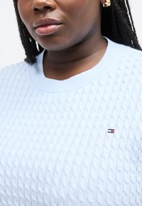 Κοντινό πλάνο ενός ατόμου με σκούρα κοτσίδα που φοράει ένα ανοιχτό μπλε πουλόβερ με πλέξη καλώδιο και ένα μικρό κόκκινο, λευκό και μπλε λογότυπο στο στήθος.