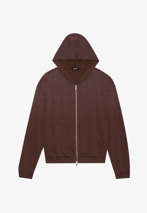 Bruine zip-up hoodie met een capuchon, lange mouwen en voorzakken. Gemaakt van een textuurstof, met een zilveren rits en geribde manchetten.