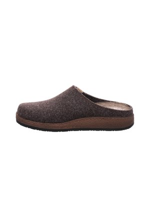 Chausson en feutre marron à enfiler, bout fermé, arrière ouvert et semelle marron texturée conçue pour le confort à l'intérieur.