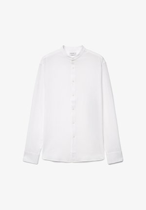White long-sleeve button-up shirt with a band collar and cuffs, displayed flat on a white background.