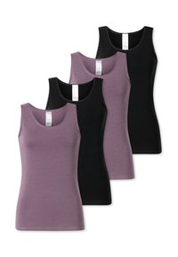 Quattro top senza maniche da donna, in colori alternati di malva e nero, disposti in una pila verticale sfalsata.