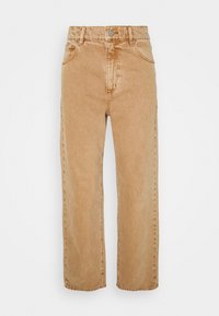 Ljusbruna, högmidjade jeans med rak benform. Tillverkade av denim, med fem fickor och stängning med metallknapp framtill.