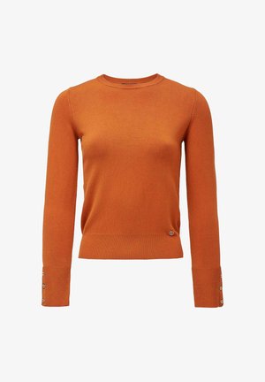 Narančasti pleteni pulover dugih rukava, okruglog izreza, rebrastim manžetama s naglasnim gumbićima i malim logotipom na rubu.