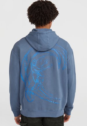 Hoodie in lichtblauwe katoen met een groot, gedetailleerd blauw grafisch ontwerp op de achterkant, met abstracte vormen en een figuur.