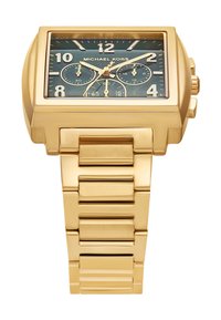 Orologio cronografo in tono oro con cassa rettangolare, quadrante blu scuro, accenti argento e design del bracciale a maglia. Indici delle ore e sotto-quadranti ben visibili.